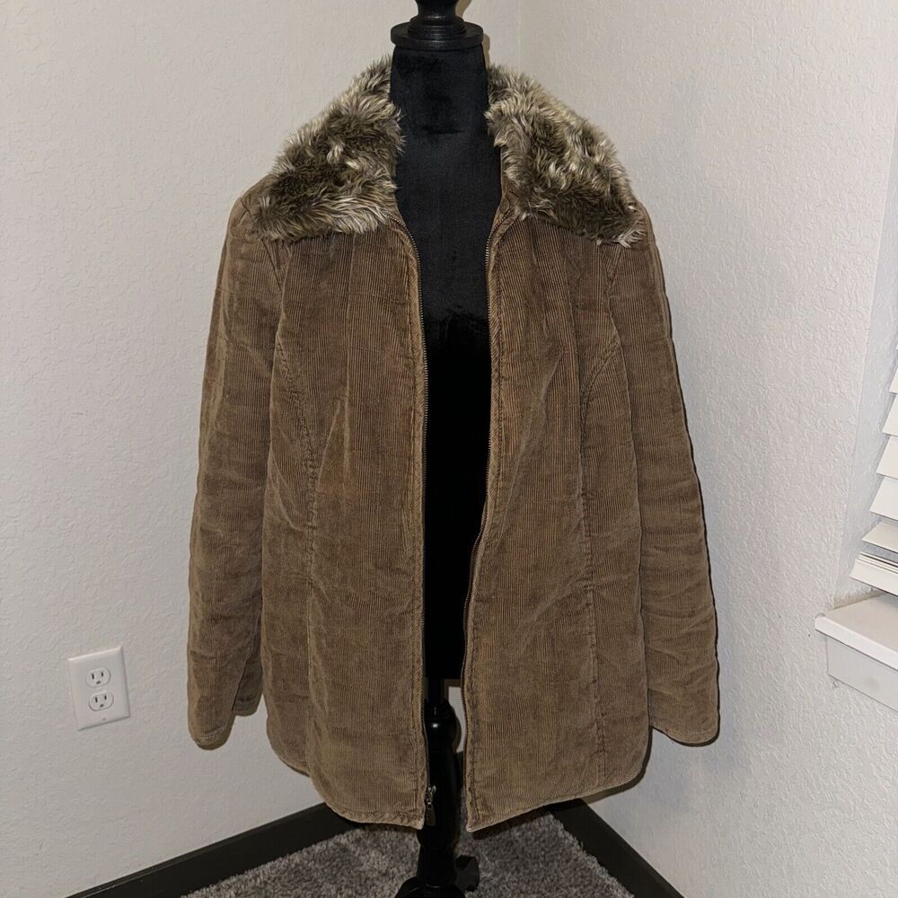 Vintage‎ Faded Glory Corduroy Jacket Womens 1X(16W) Brown Fur Collar Long Sleeve